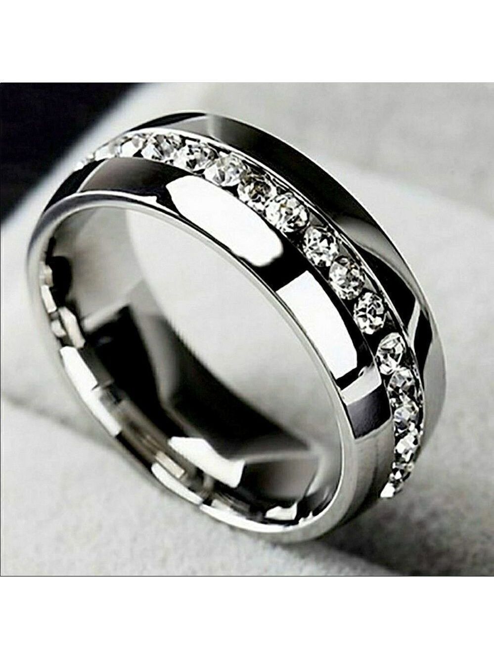 Silver Wedding Engagement Ring Single Row Zircon Bridal Band Ring